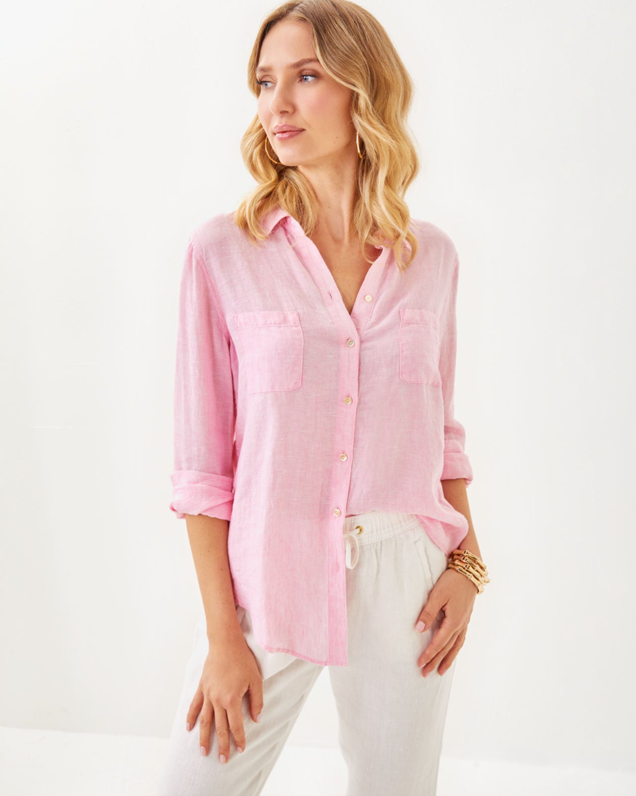 Sea View Button Down in Conch Shell Pink X Resort White