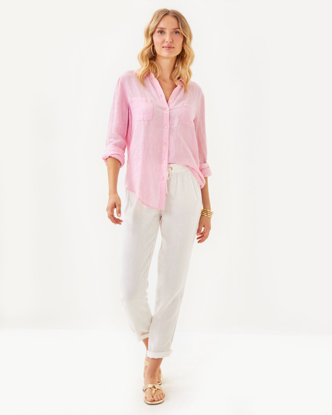 Sea View Button Down in Conch Shell Pink X Resort White