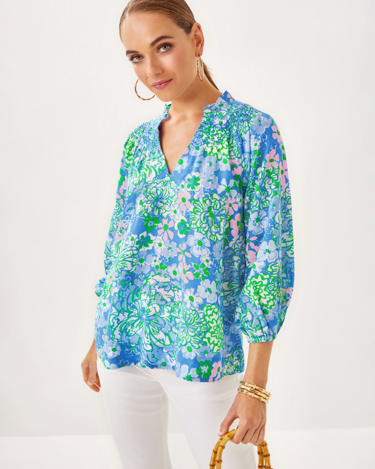 Lourdes 3/4 Sleeve Cotton in Sunwashed Blue Plumes In Bloom