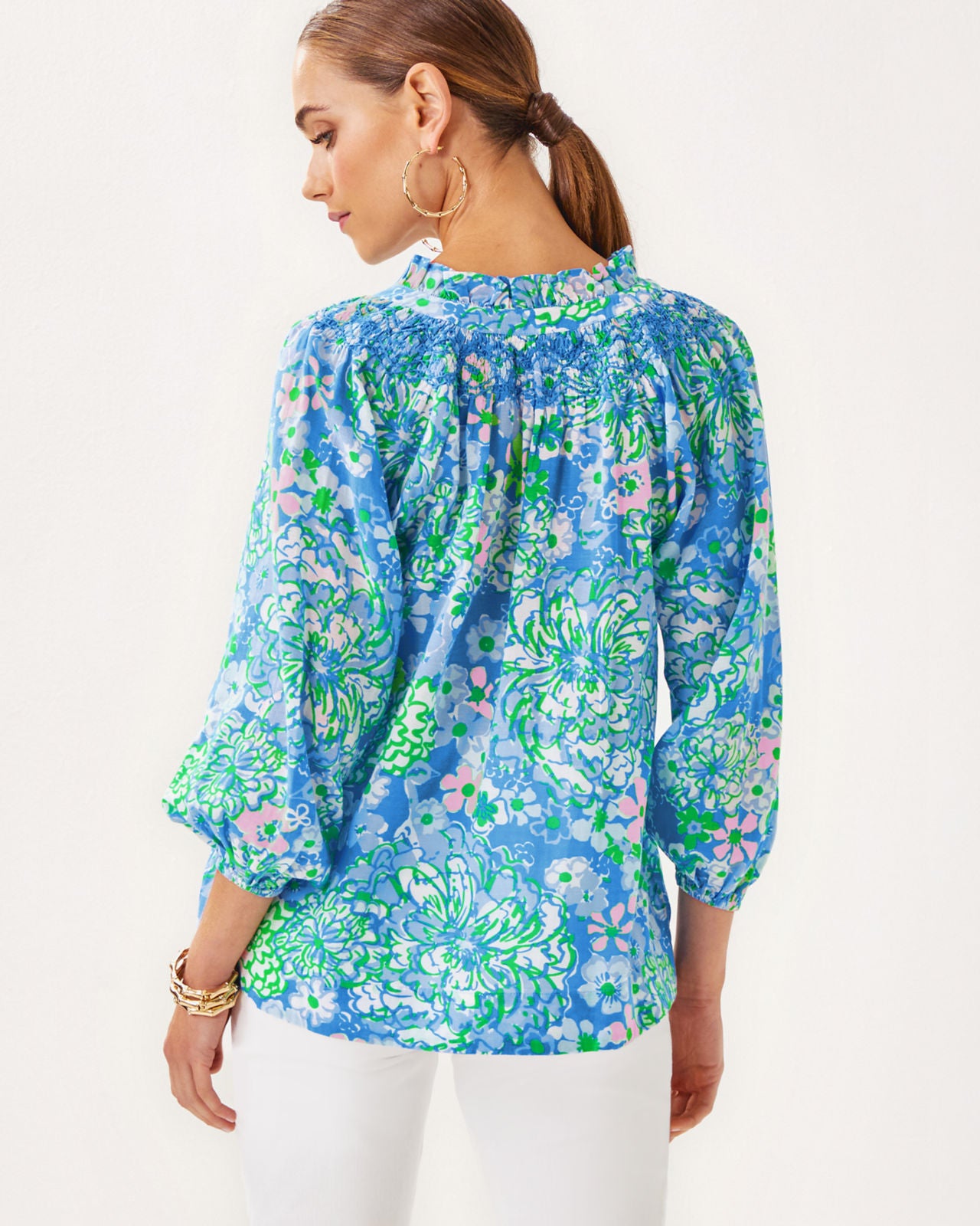 Lourdes 3/4 Sleeve Cotton in Sunwashed Blue Plumes In Bloom