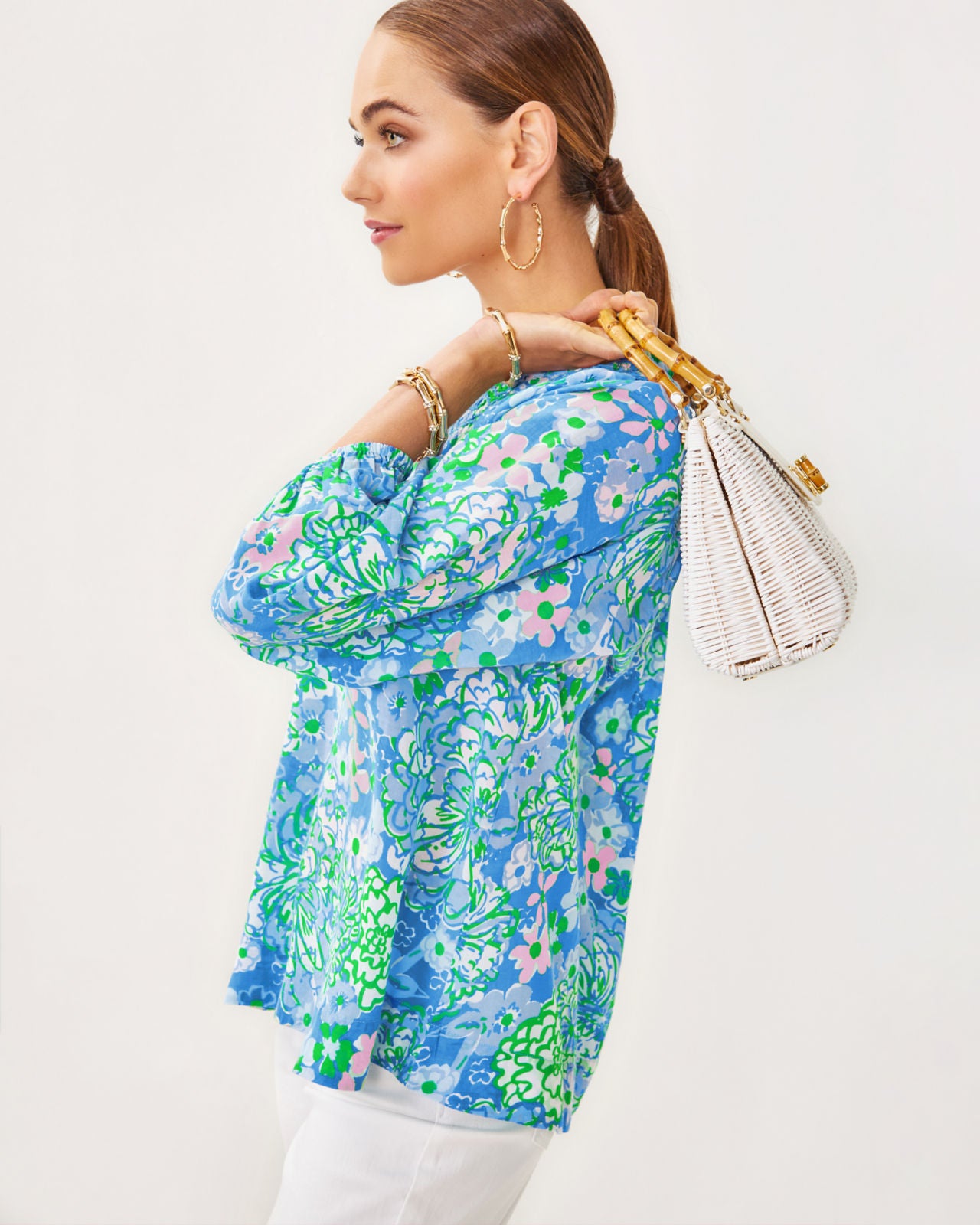 Lourdes 3/4 Sleeve Cotton in Sunwashed Blue Plumes In Bloom