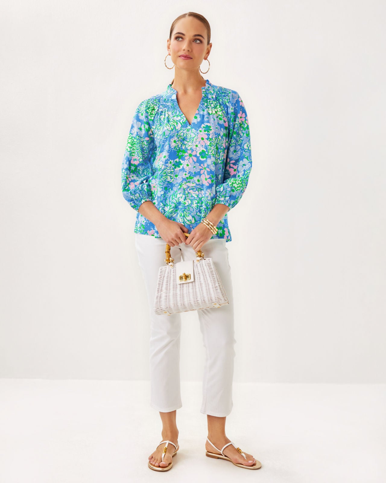 Lourdes 3/4 Sleeve Cotton in Sunwashed Blue Plumes In Bloom