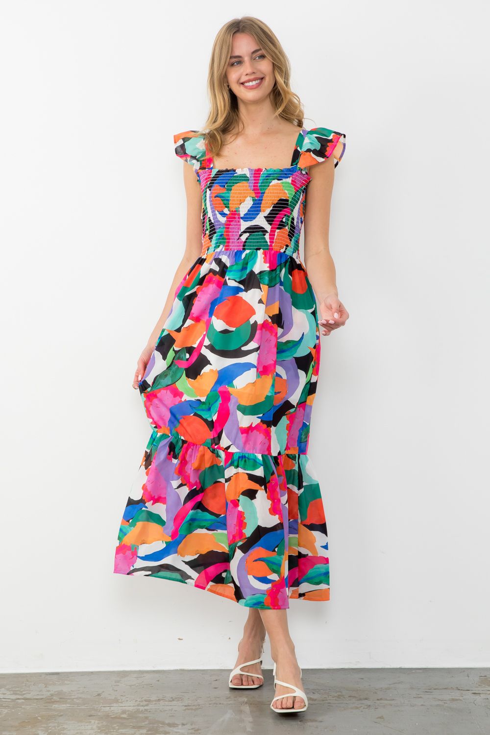 Gallette Smocked Print Maxi Dress