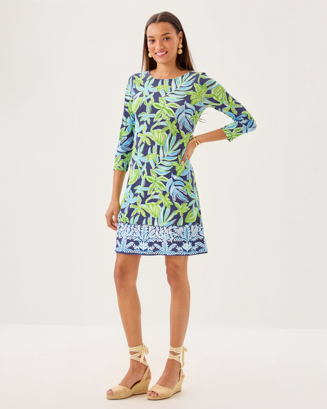 Ophelia 3/4 Sleeve Dress In Sapphire Pool Tropical Tango