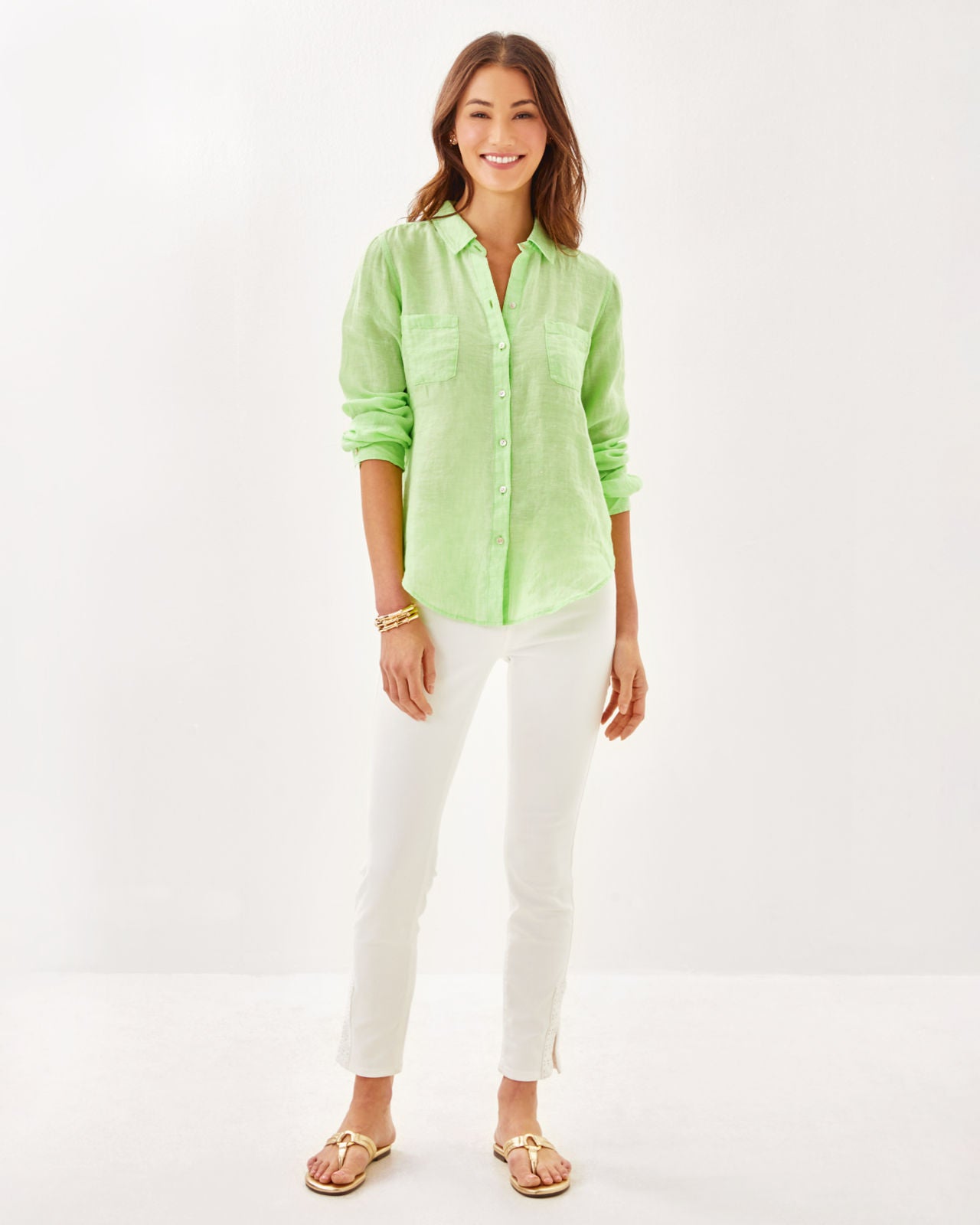 Sea View Button Down in Jade Lime X Resort White