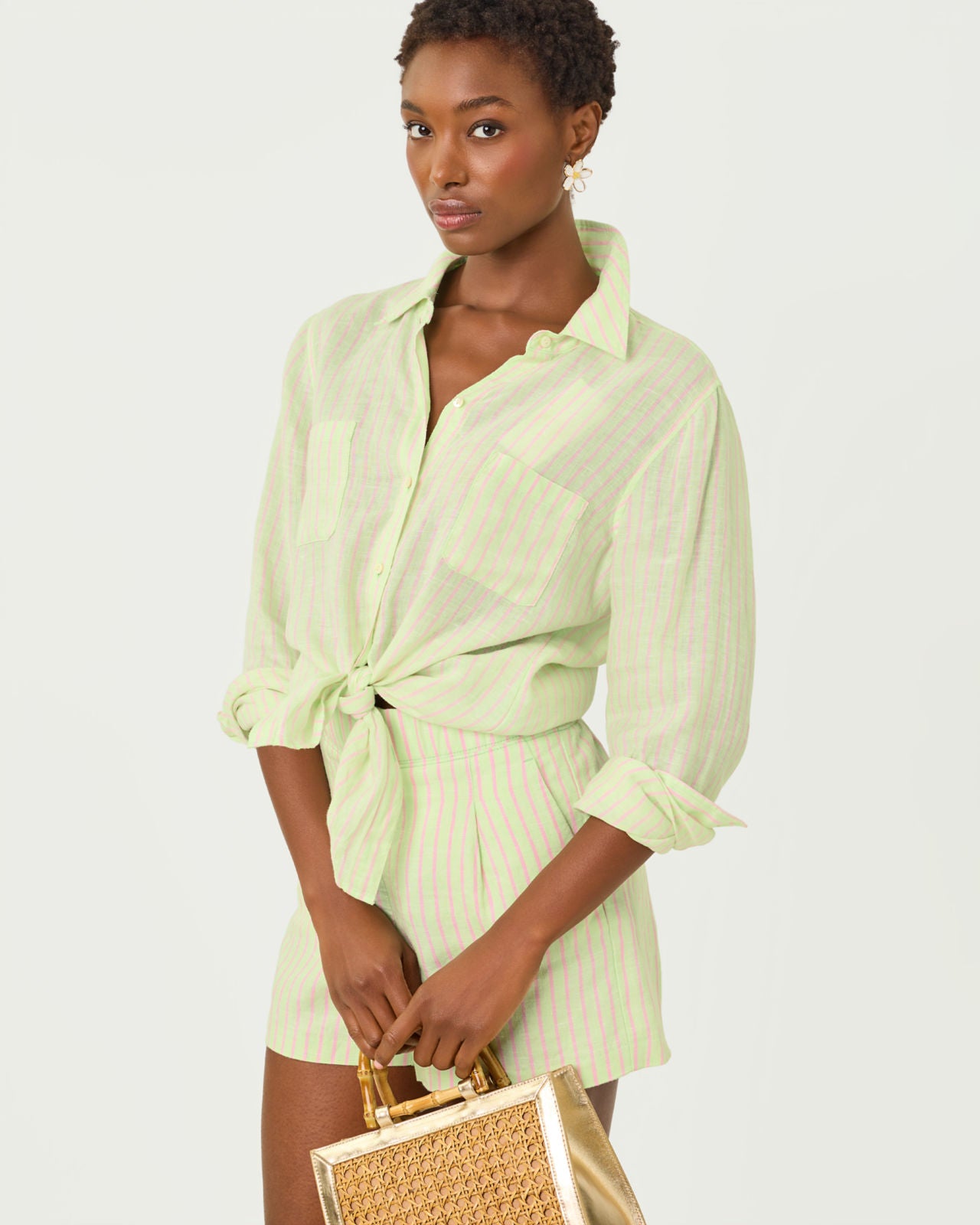 Sea View Button Down In Pistachio Macaron X Conch Shell Pink