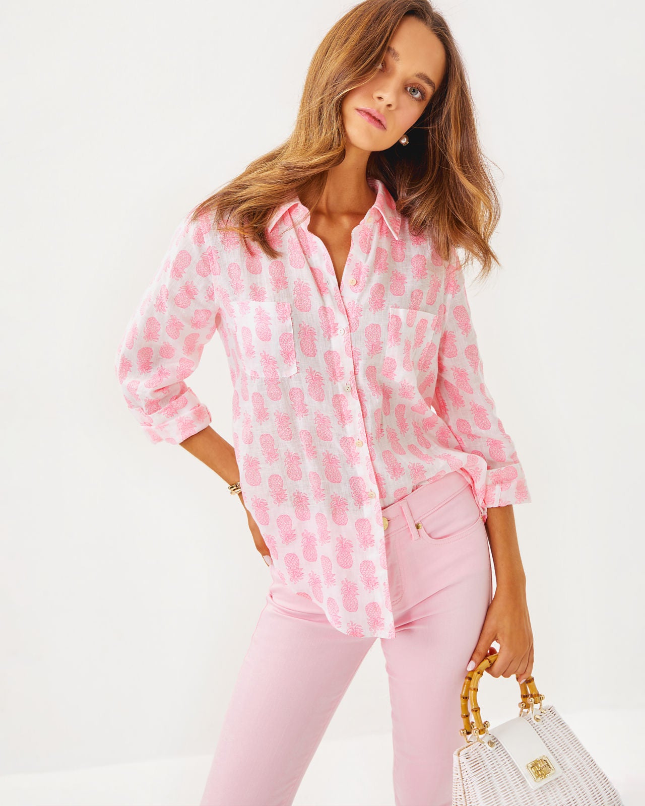 Sea View Button Down in Rousseau Pink Slice of Sunshine