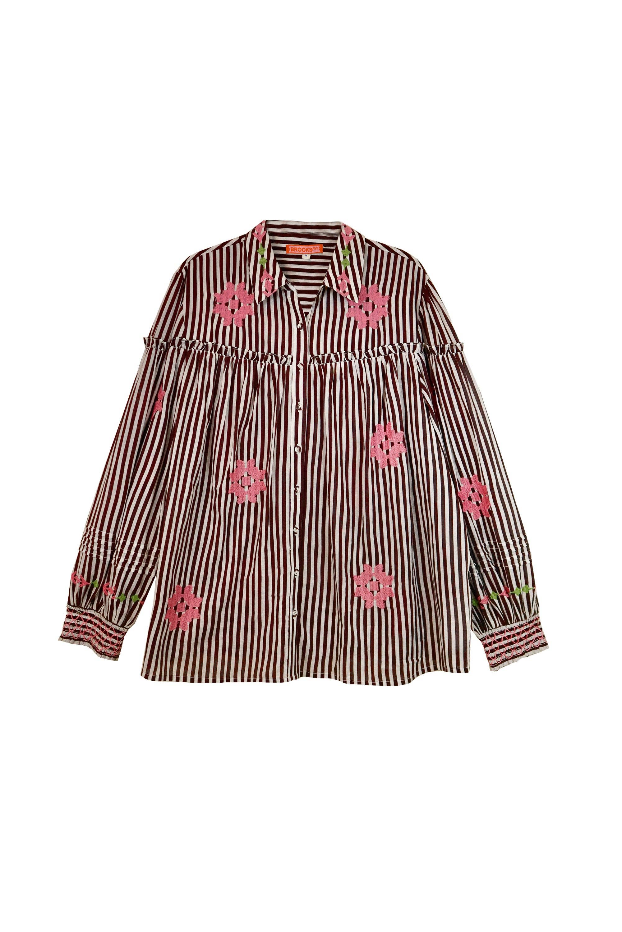 Frankie Blouse in Brown Stripe with Pink Embroidery