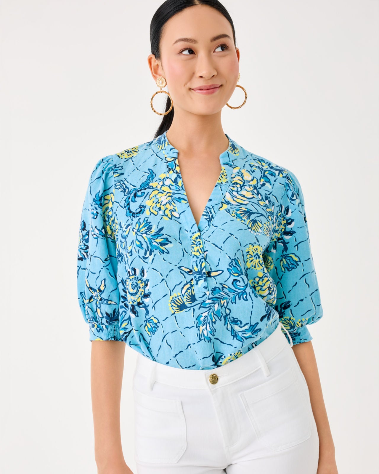 Mialeigh Elbow Sleeve Linen Top In Bellevue Blue Breakers Beach