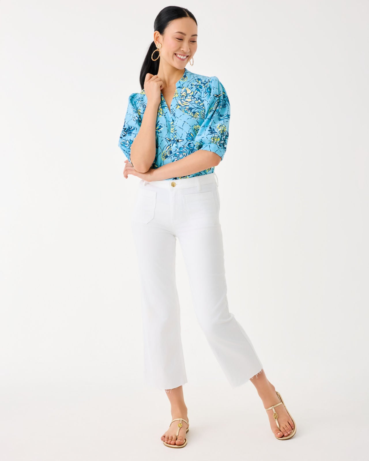 Mialeigh Elbow Sleeve Linen Top In Bellevue Blue Breakers Beach