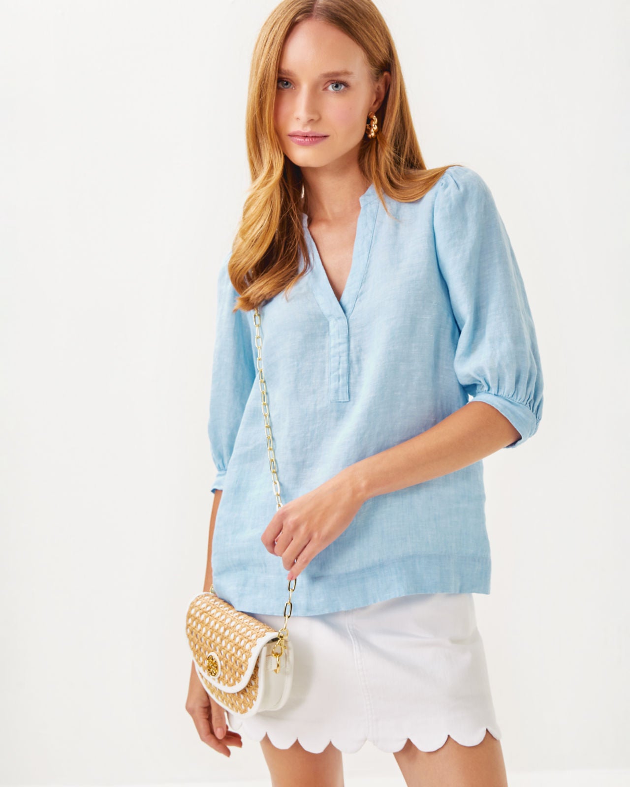 Mialeigh Elbow Sleeve Linen Top In Blue Peri X Resort White