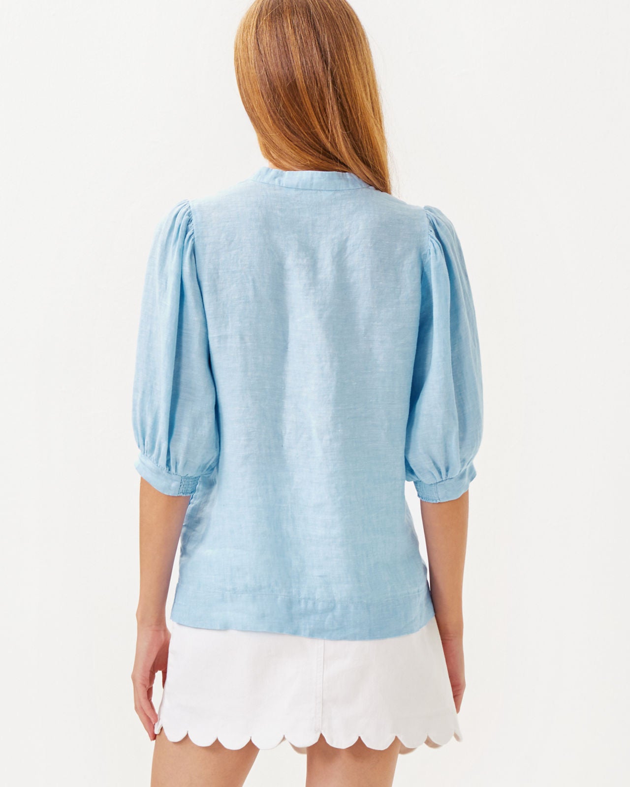 Mialeigh Elbow Sleeve Linen Top In Blue Peri X Resort White