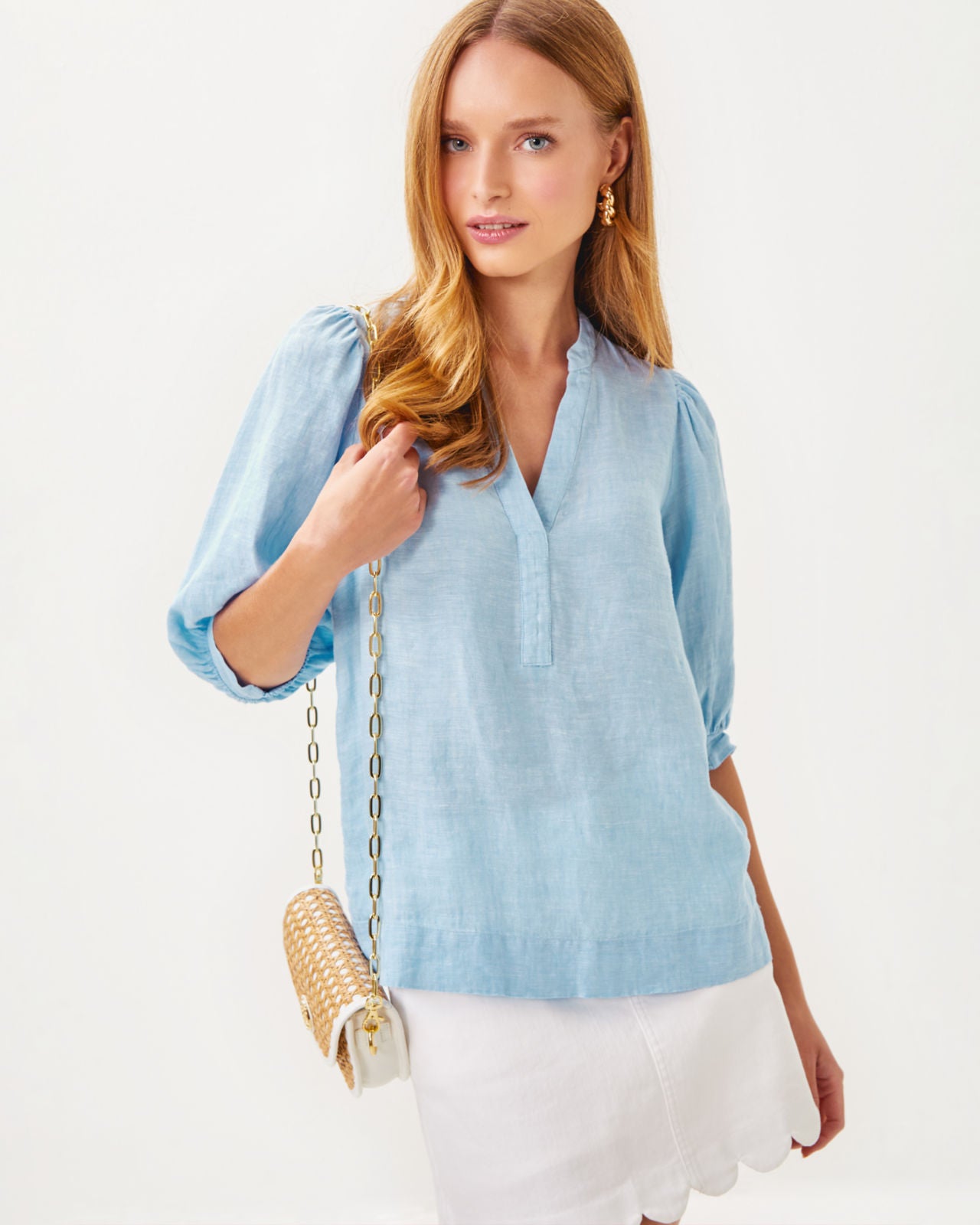 Mialeigh Elbow Sleeve Linen Top In Blue Peri X Resort White