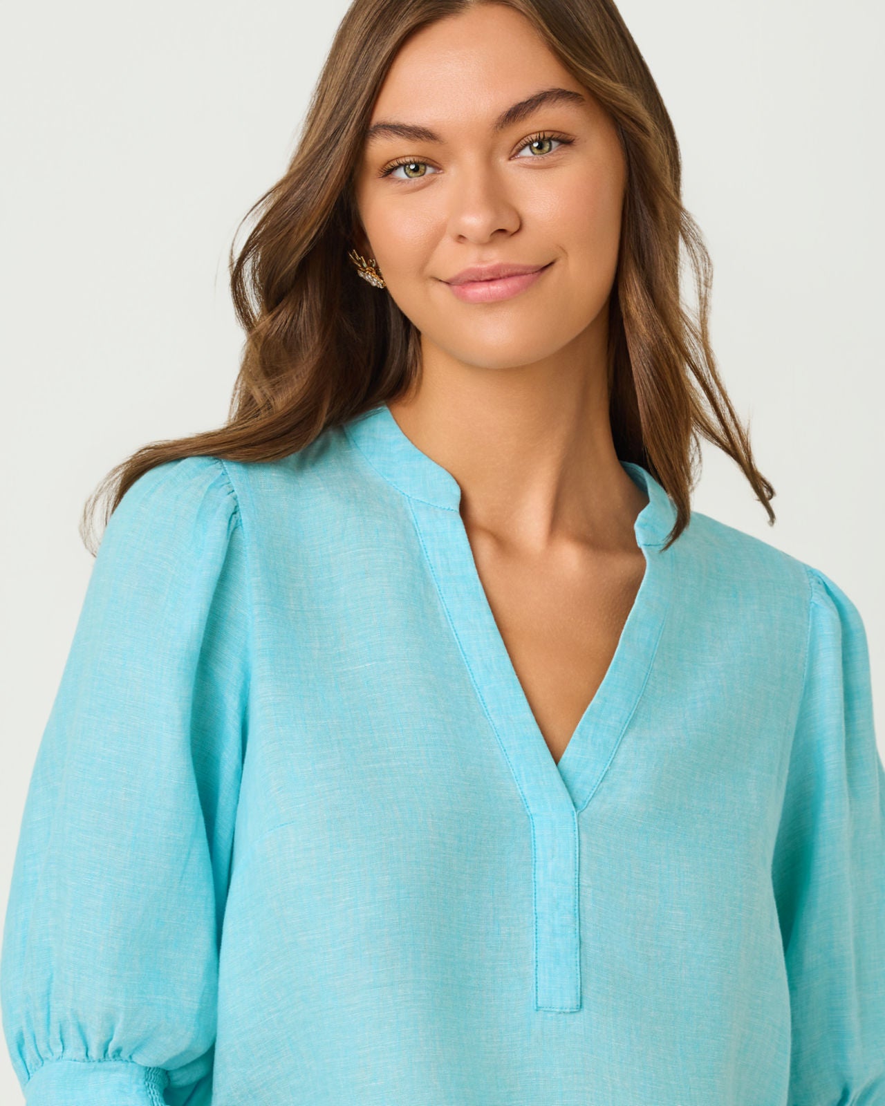 Mialeigh Elbow Sleeve Linen Top In Capri Blue X Resort White