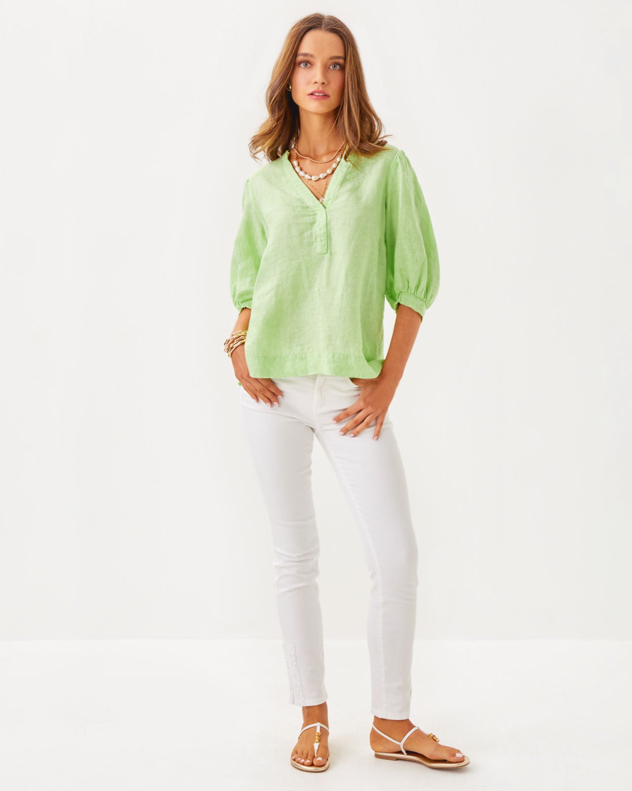 Mialeigh Elbow Sleeve Linen Top In Jade Lime x Resort White