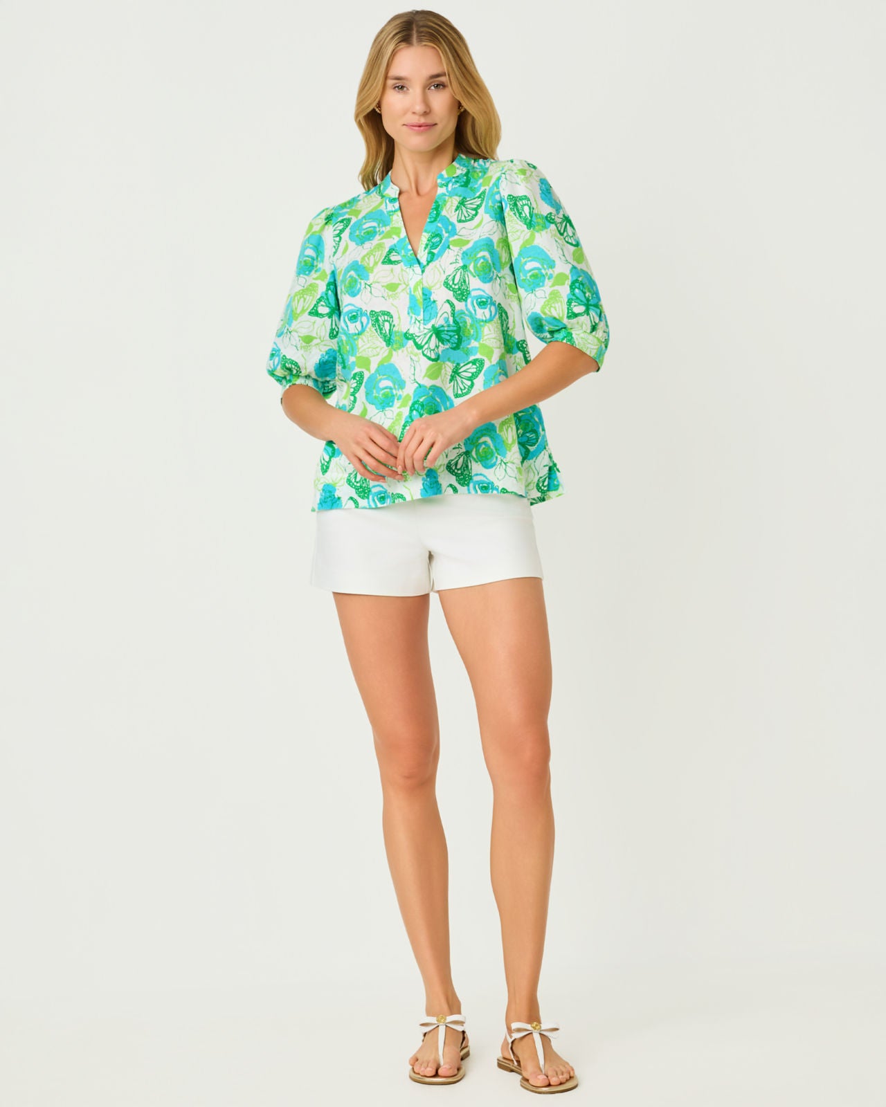 Mialeigh Elbow Sleeve Linen Top In Resort White Monarch Rose