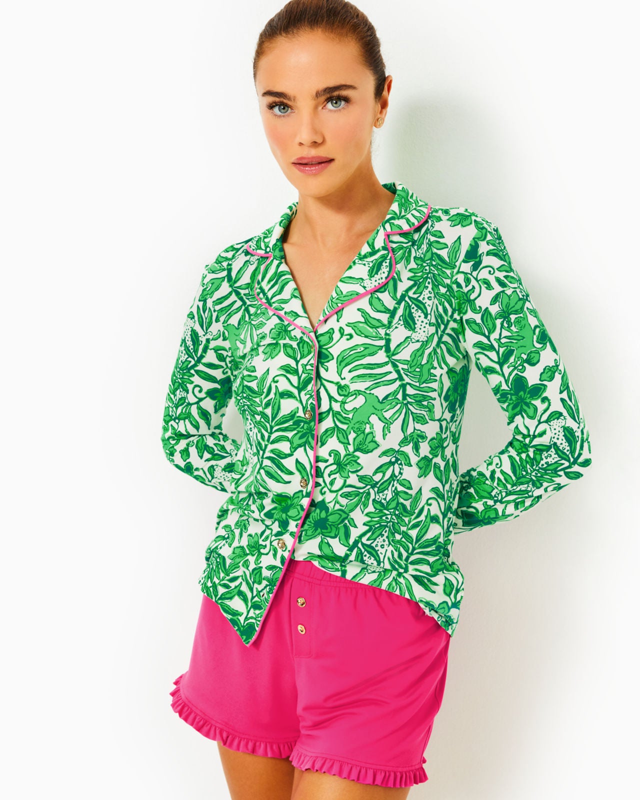 PJ Knit Long Sleeve Button-Up Top In Fiddle Leaf Green Lil Escape Plan