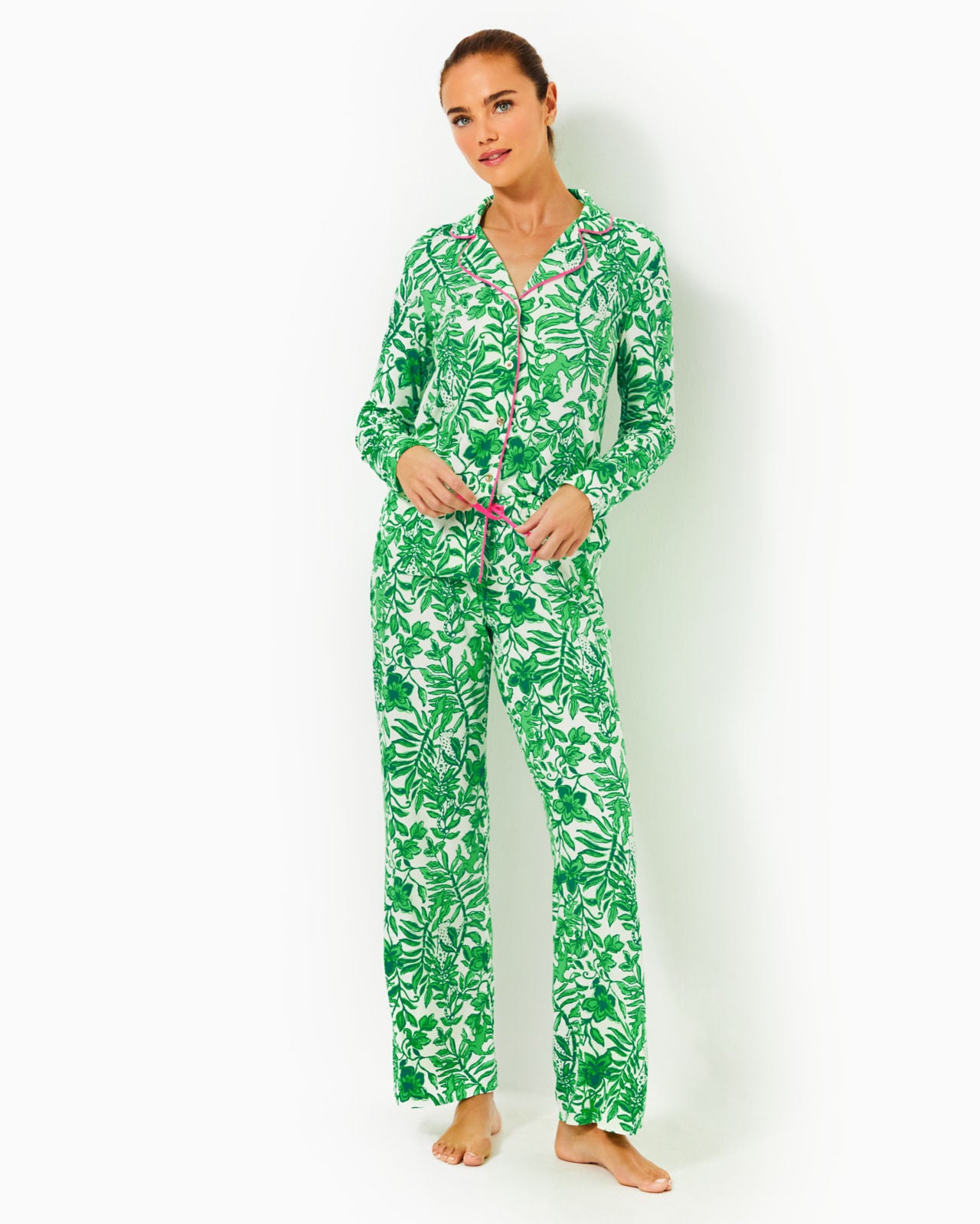 PJ Knit Long Sleeve Button-Up Top In Fiddle Leaf Green Lil Escape Plan