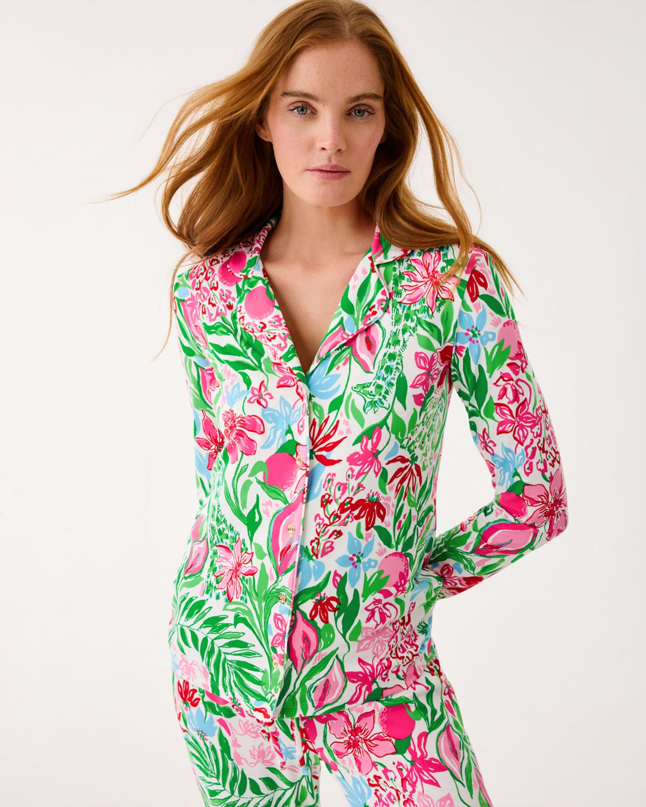 PJ Knit Long Sleeve Button-Up Top In Multi Glowing Gardens