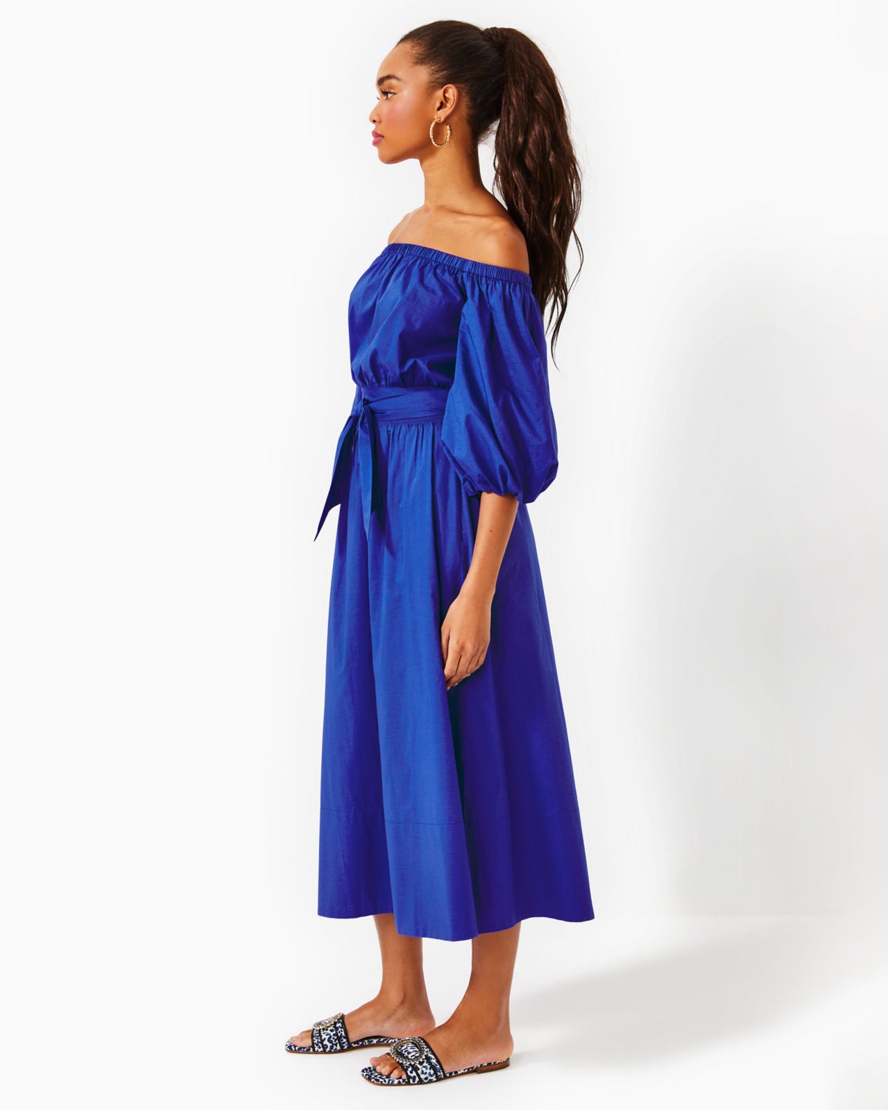 Shawnlee Elbow Sleeve Off the Shoulder Cotton Midi Dress