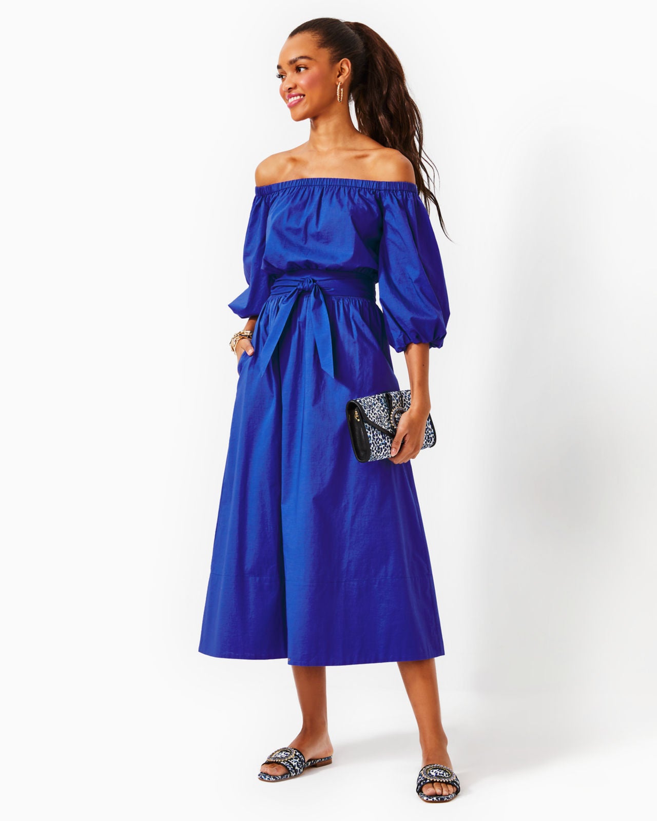 Shawnlee Elbow Sleeve Off the Shoulder Cotton Midi Dress