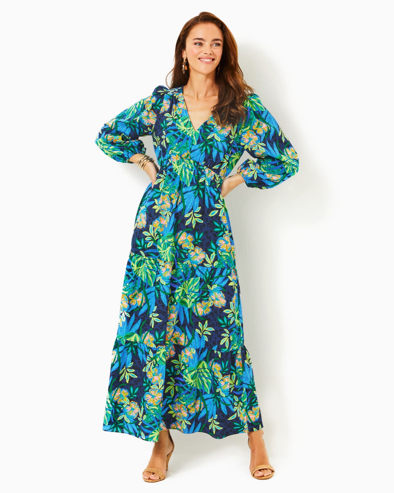 Deacon 3/4 Sleeve V-Neck Maxi Dress In Multi The Hottest Spot