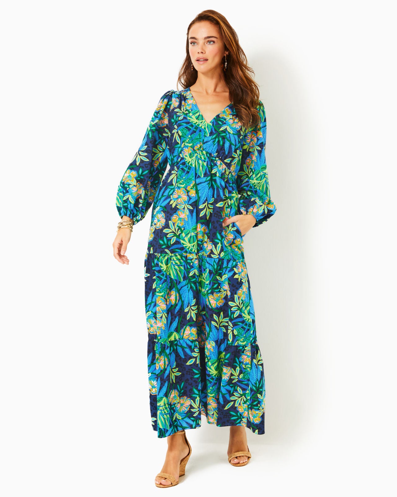 Deacon 3/4 Sleeve V-Neck Maxi Dress In Multi The Hottest Spot