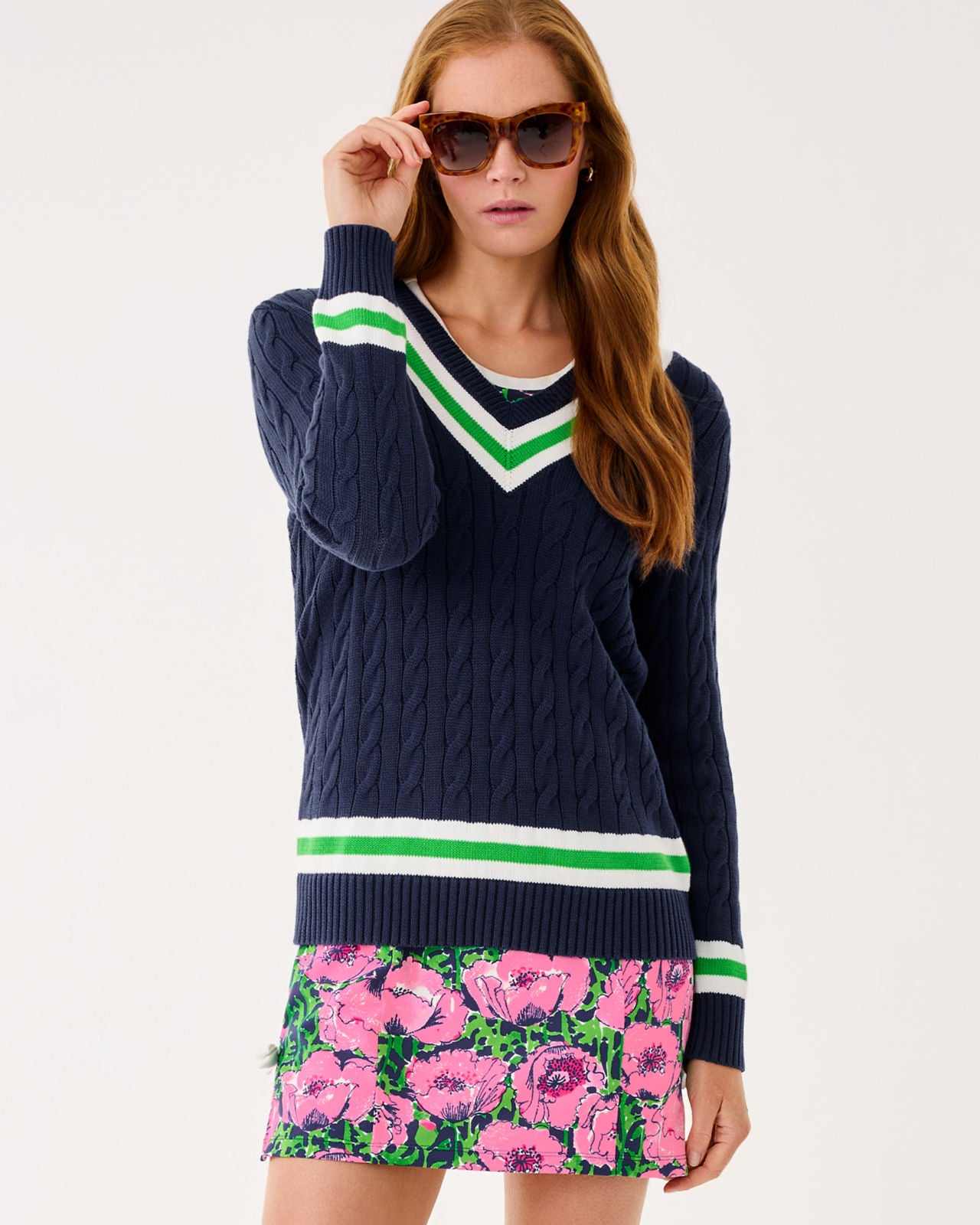 Brockton Sweater In Low Tide Navy X Jolie Green Tipping