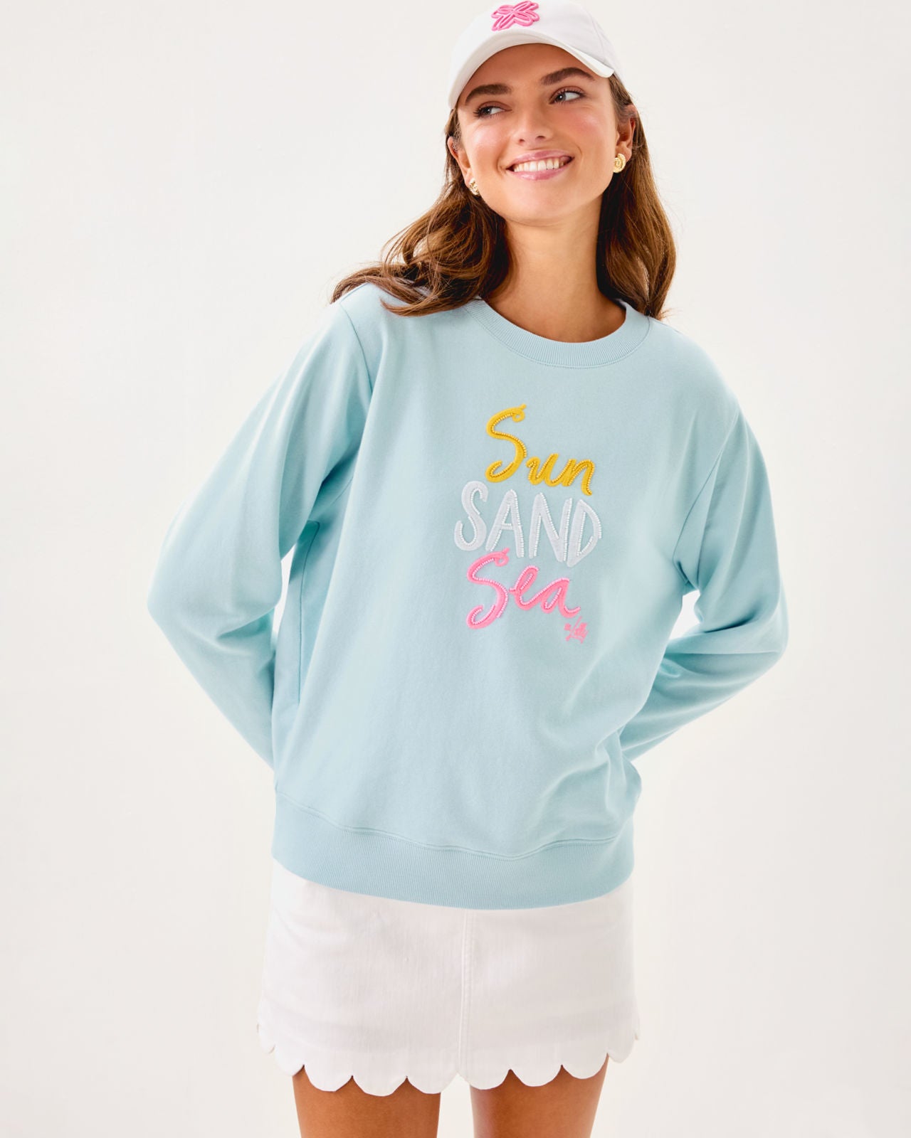Ballad Long Sleeve Sweatshirt In Bluette Sun Sand Sea Embroidery