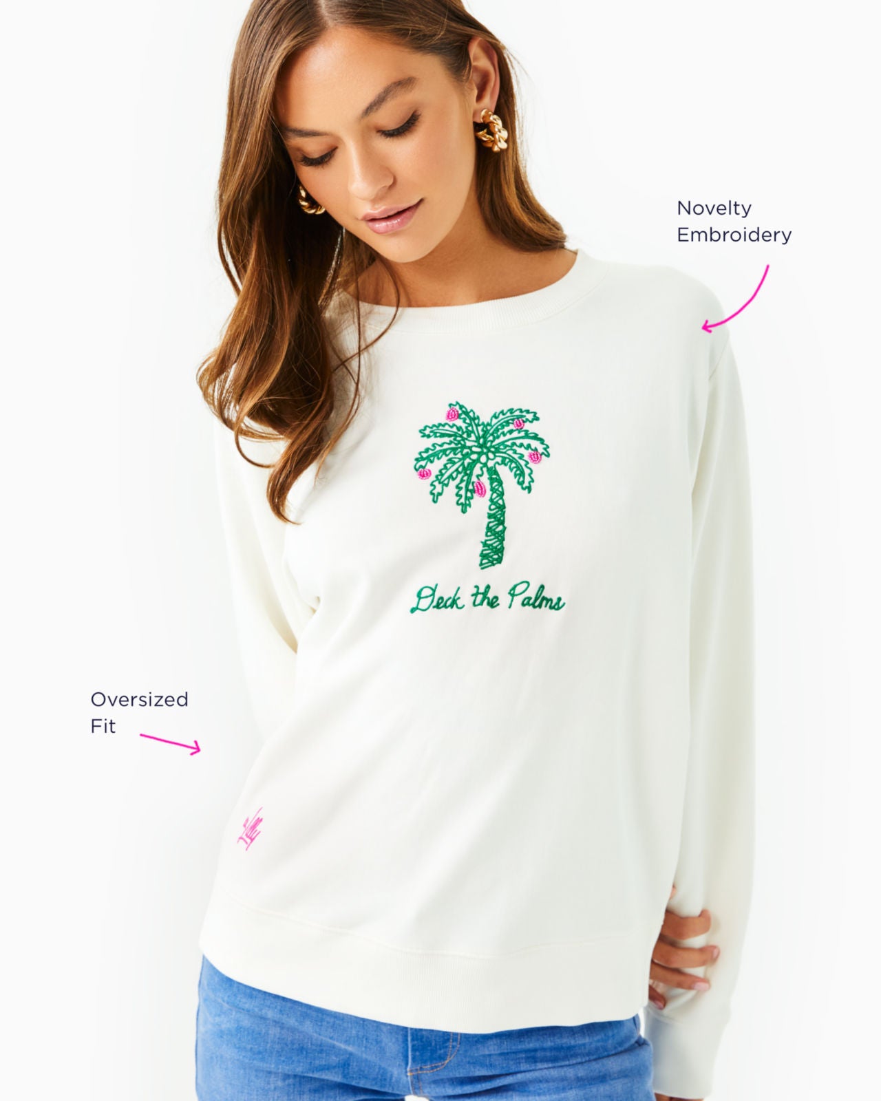 Ballad Long Sleeve Sweatshirt In Coconut Deck The Palms Embroidery