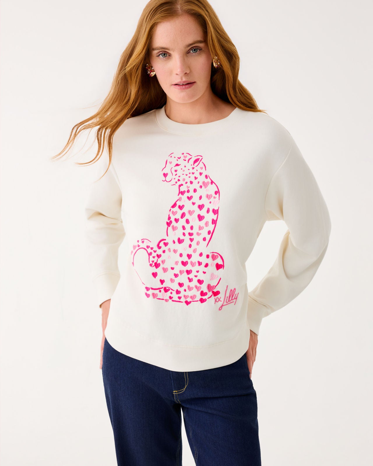 Ballad Long Sleeve Sweatshirt In Coconut Love Cat Embroidery