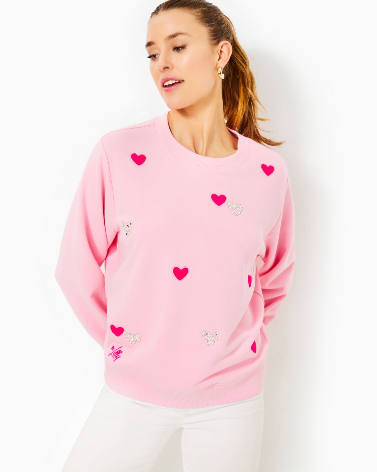 Ballad Long Sleeve Sweatshirt In Conch Shell Pink Hearts Embellishment