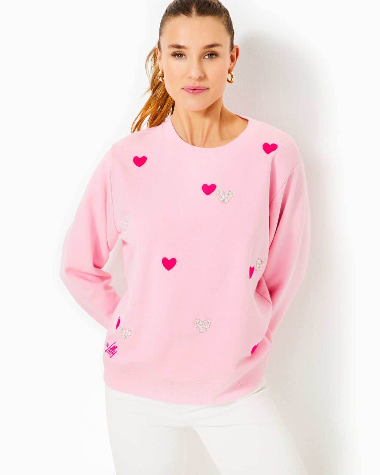 Ballad Long Sleeve Sweatshirt In Conch Shell Pink Hearts Embellishment