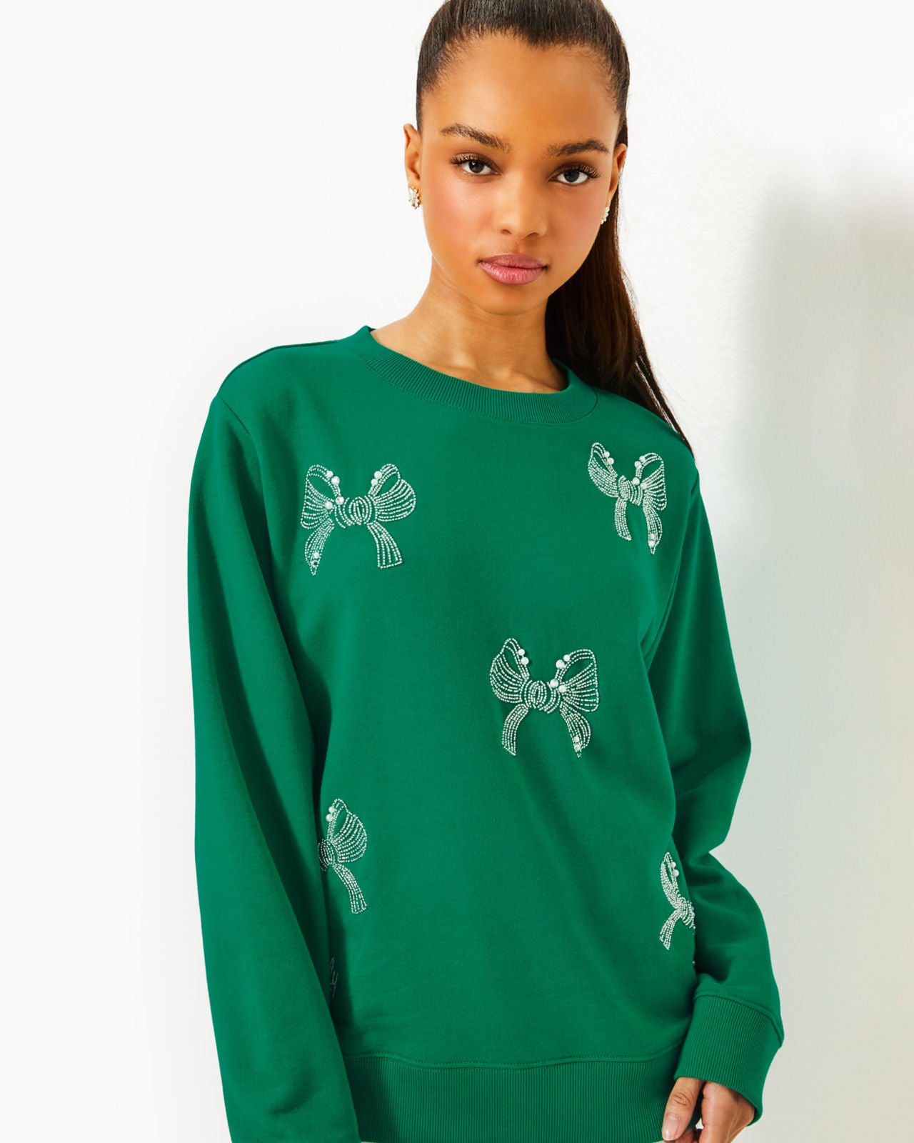 Ballad Long Sleeve Sweats In Fiddle Leaf Green Bow Embellishment