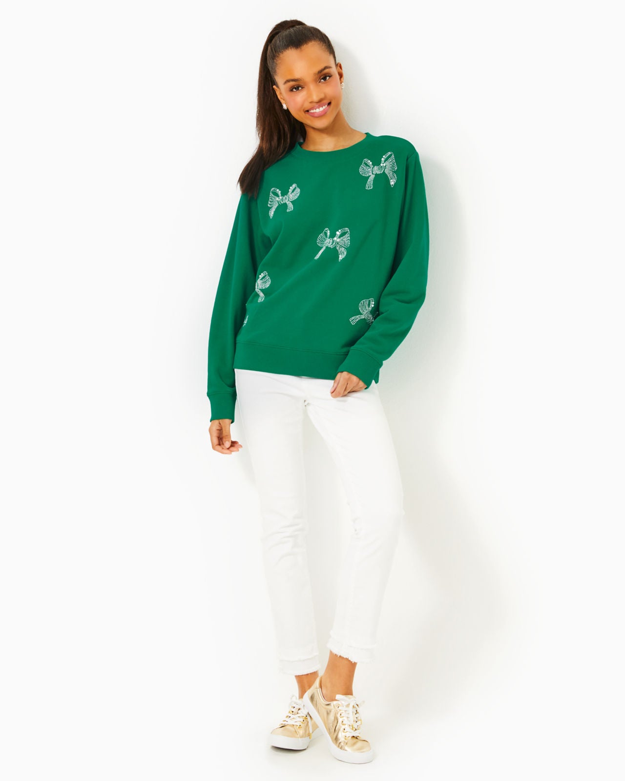 Ballad Long Sleeve Sweats In Fiddle Leaf Green Bow Embellishment