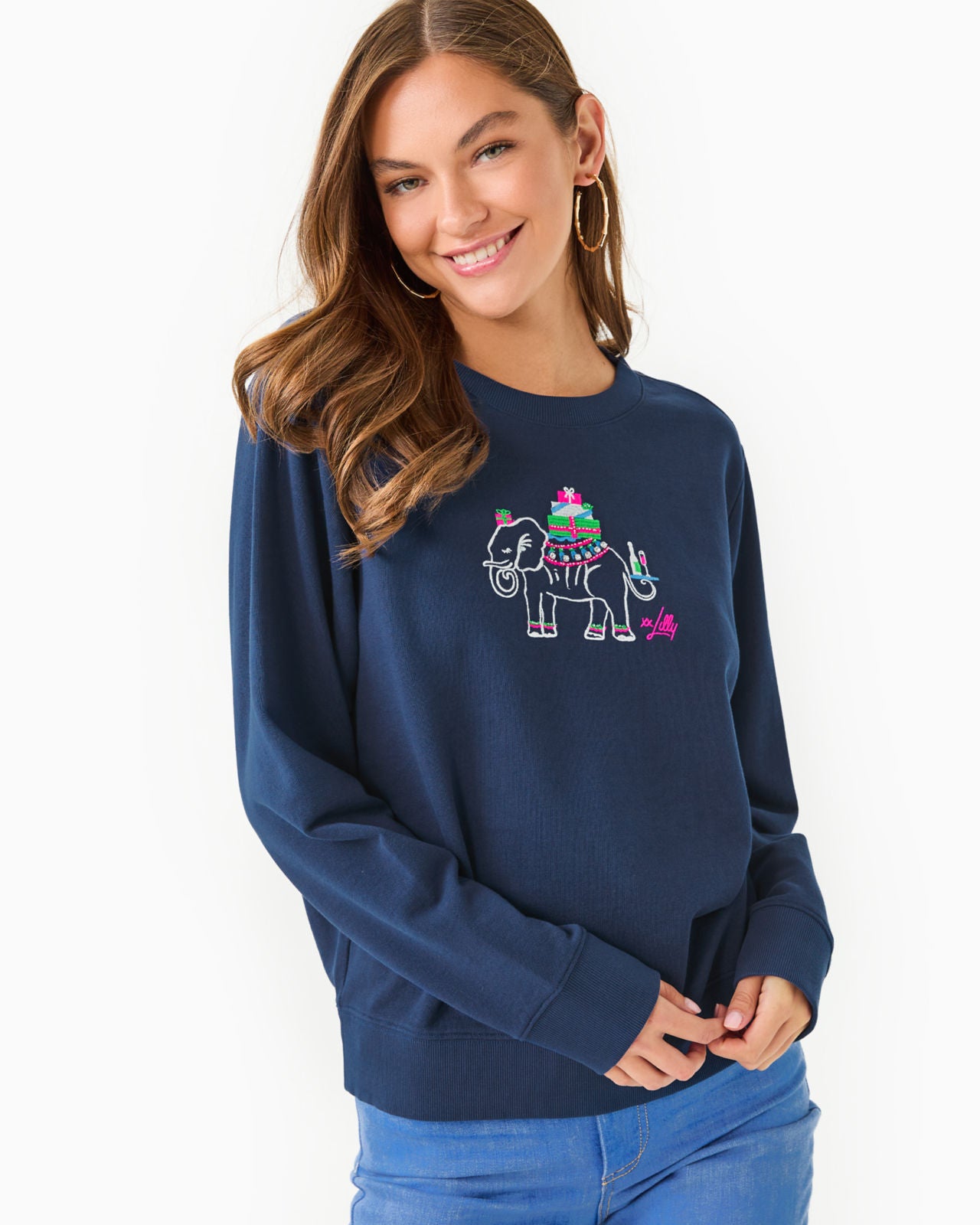 Ballad Long Sleeve Sweats In Low Tide Navy Holiday Elephant Embroidery