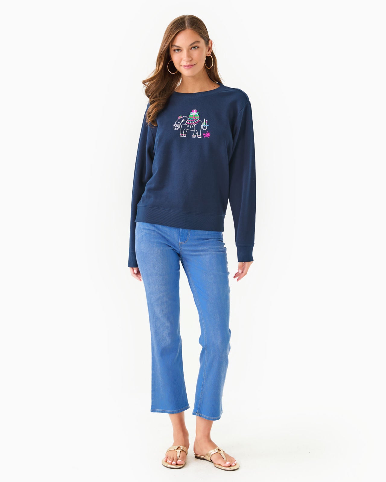 Ballad Long Sleeve Sweats In Low Tide Navy Holiday Elephant Embroidery