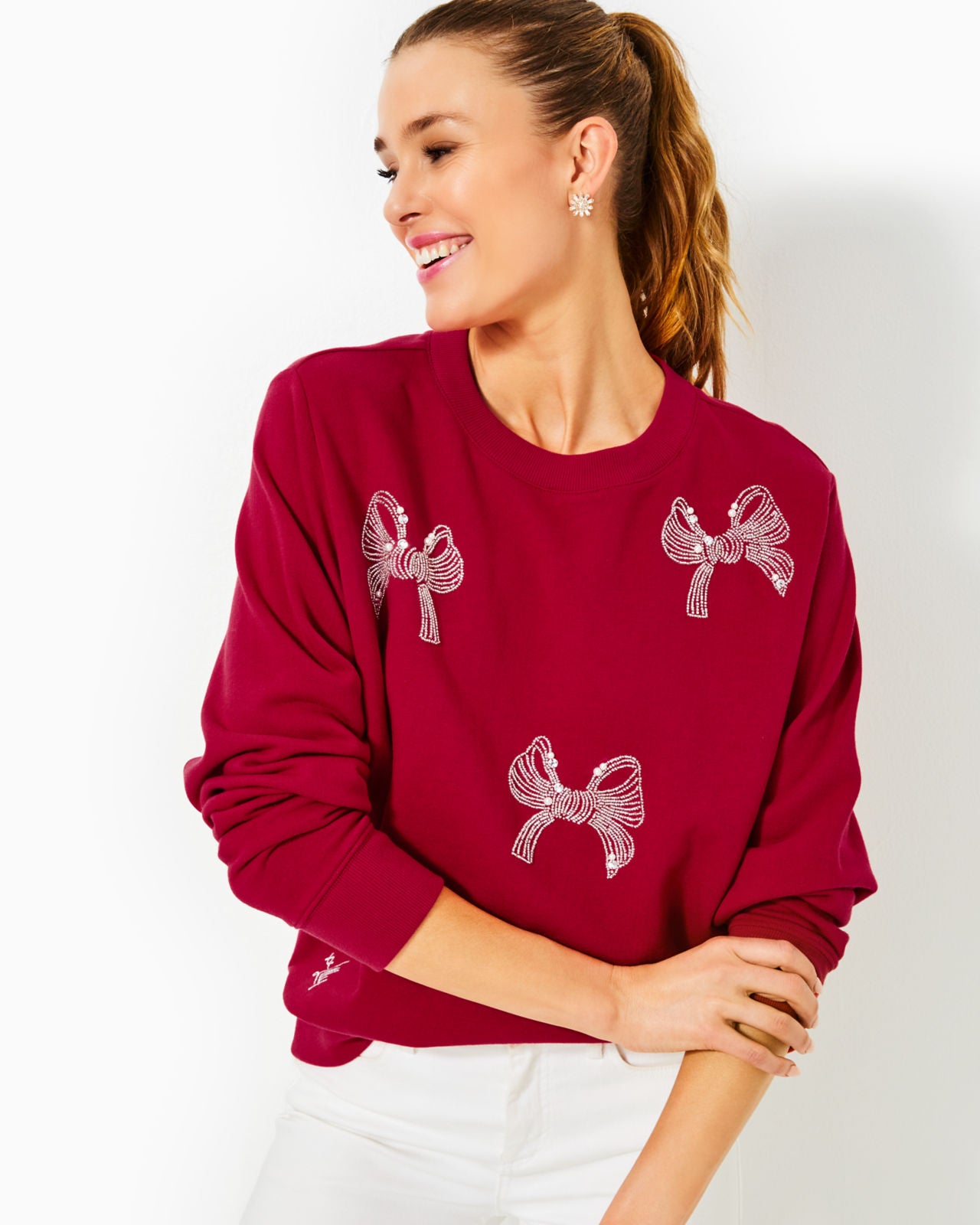 Ballad Long Sleeve Sweats In Malbec Red Bow Embellishment