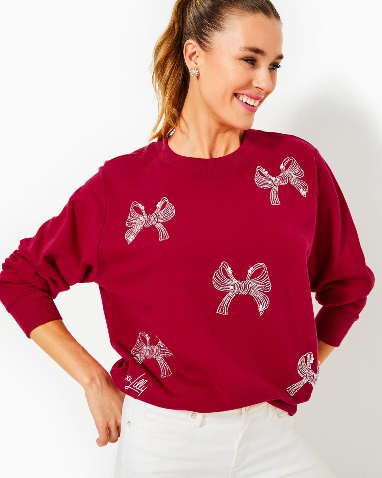 Ballad Long Sleeve Sweats In Malbec Red Bow Embellishment