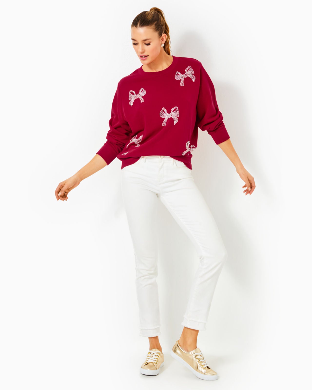 Ballad Long Sleeve Sweats In Malbec Red Bow Embellishment