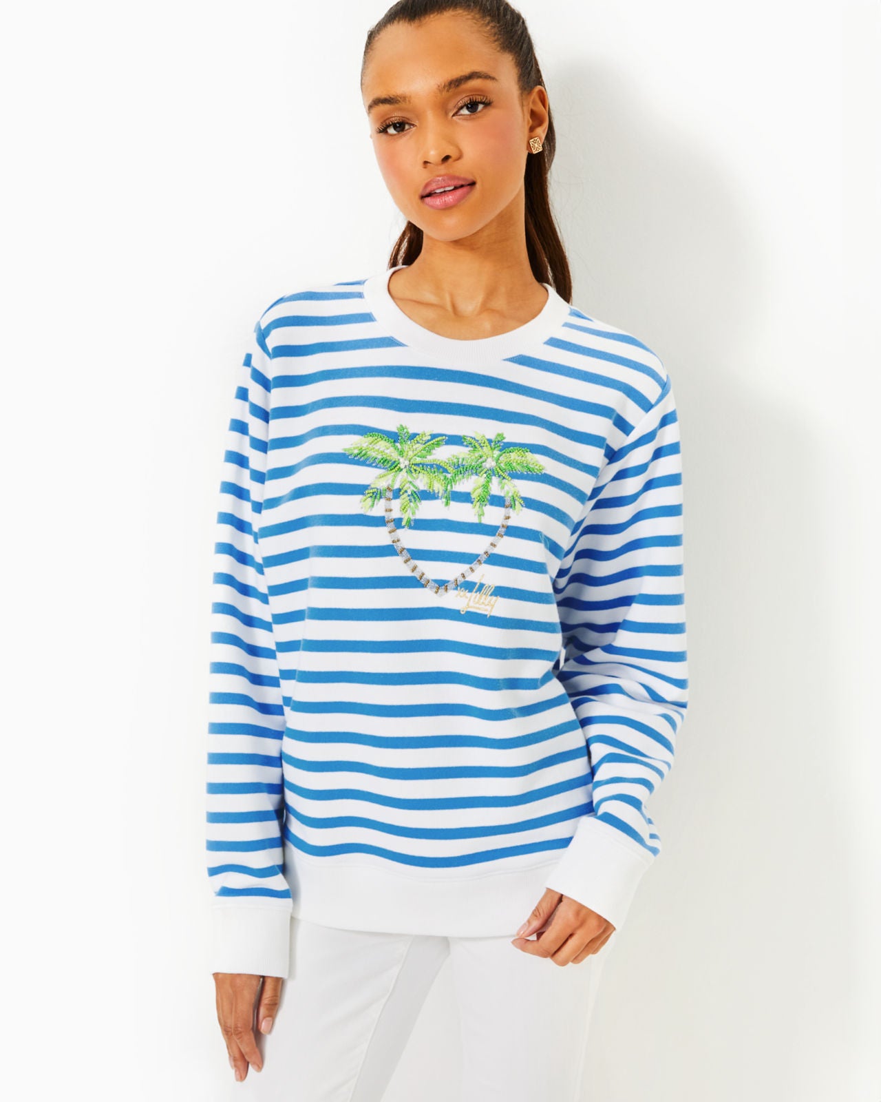 Ballad Long Sleeve Sweatshirt In Blue Stream Stripe Twin Palms Embellishment