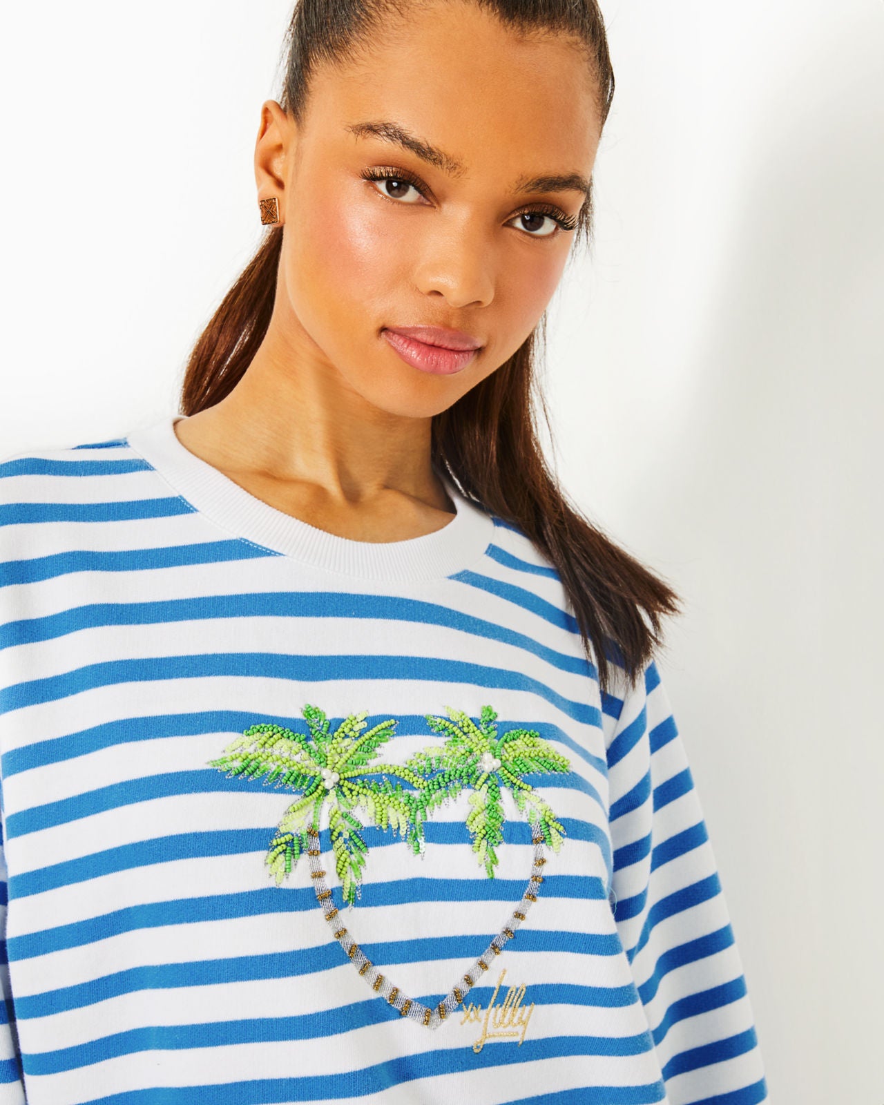 Ballad Long Sleeve Sweatshirt In Blue Stream Stripe Twin Palms Embellishment