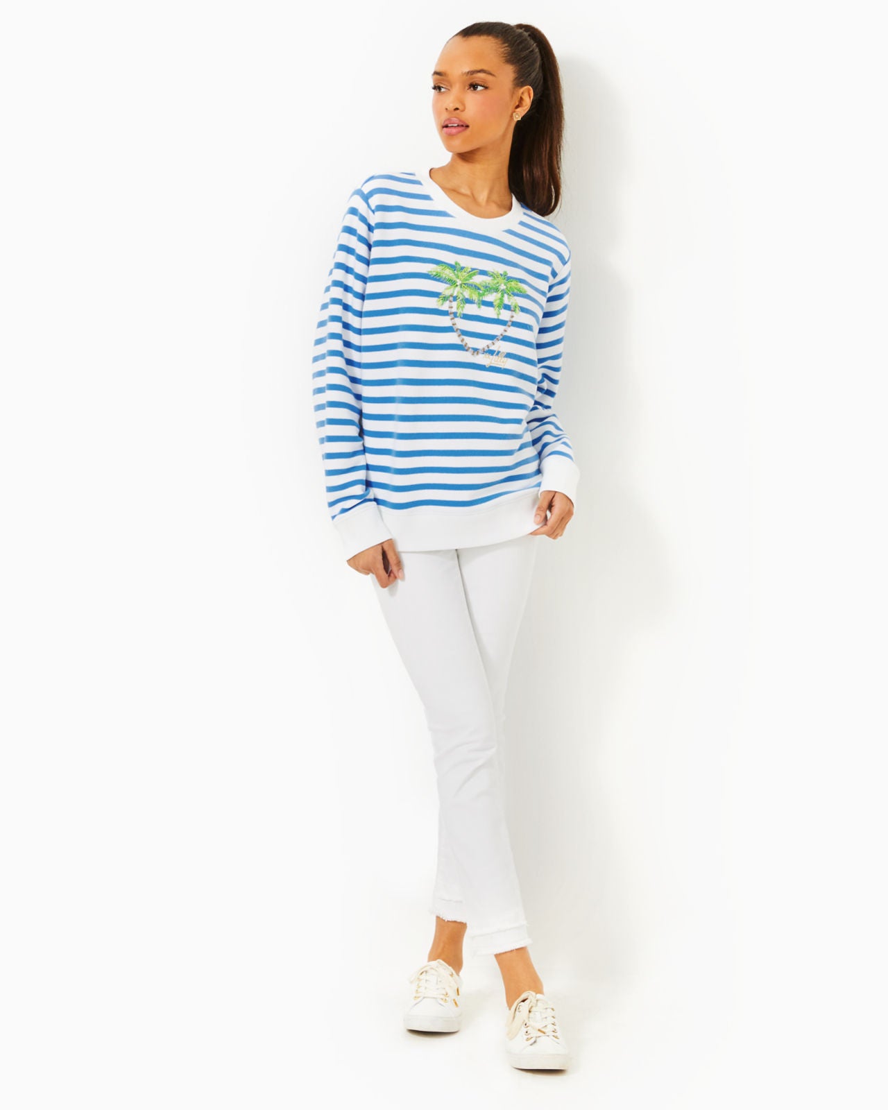 Ballad Long Sleeve Sweatshirt In Blue Stream Stripe Twin Palms Embellishment