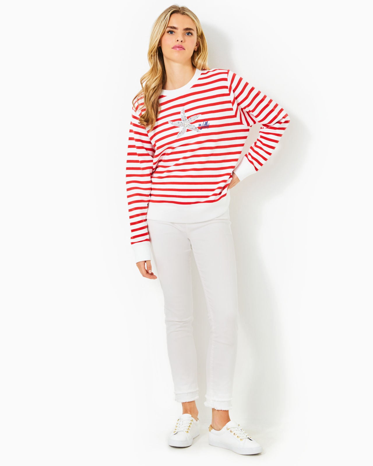 Ballad Long Sleeve Sweatshirt In Rococo Red Coastal Stripe Starfish Embellishment