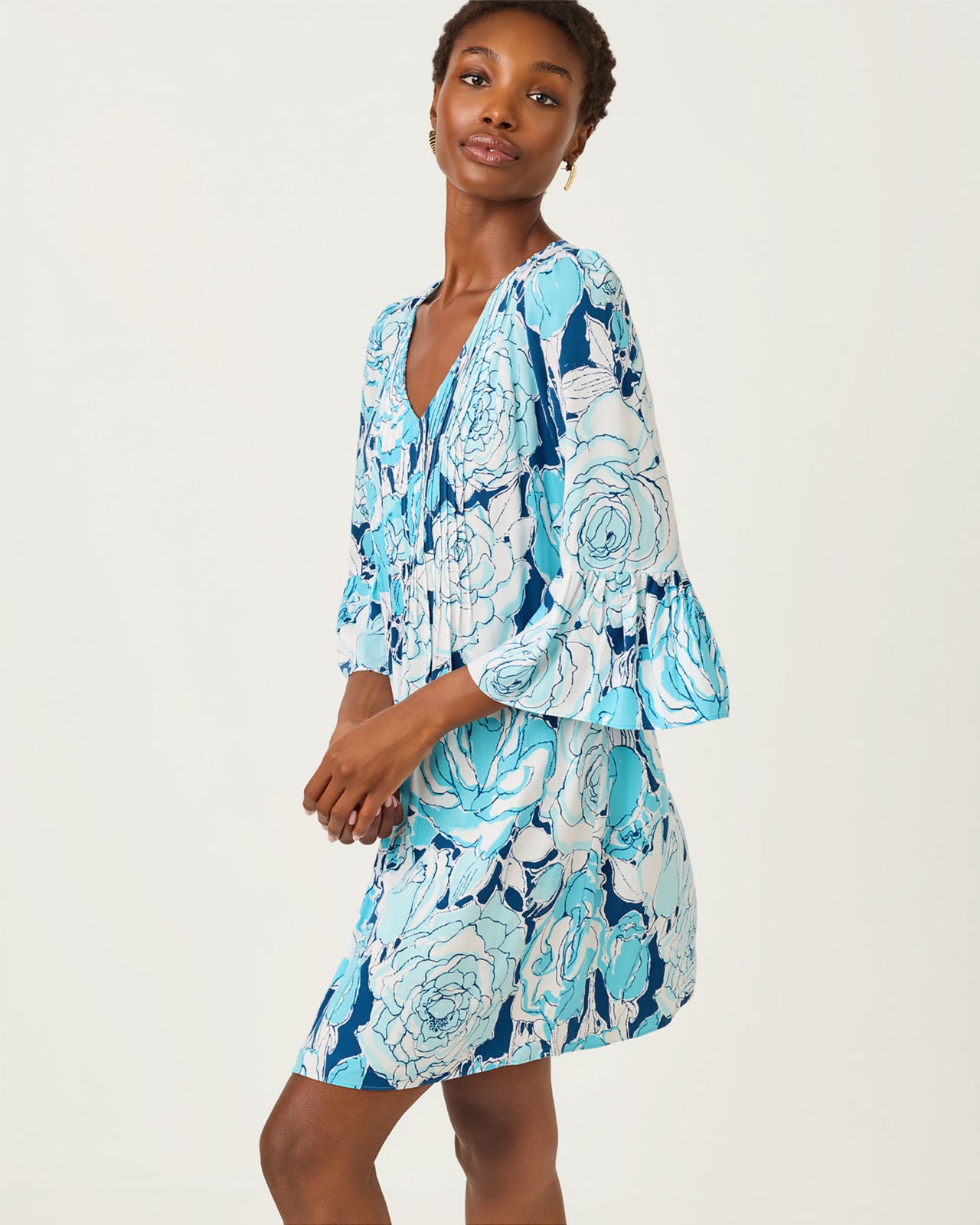 Danika 3/4 Sleeve Tunic Dress In Capri Blue Rosanna