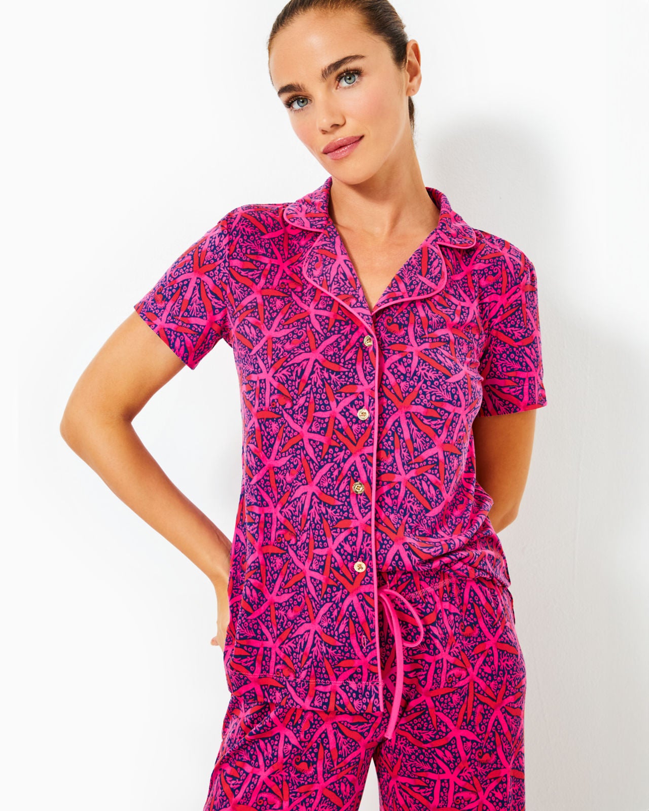 PJ Knit Short Sleeve Button-Up Top In Passion Fruit Pink Star Searching