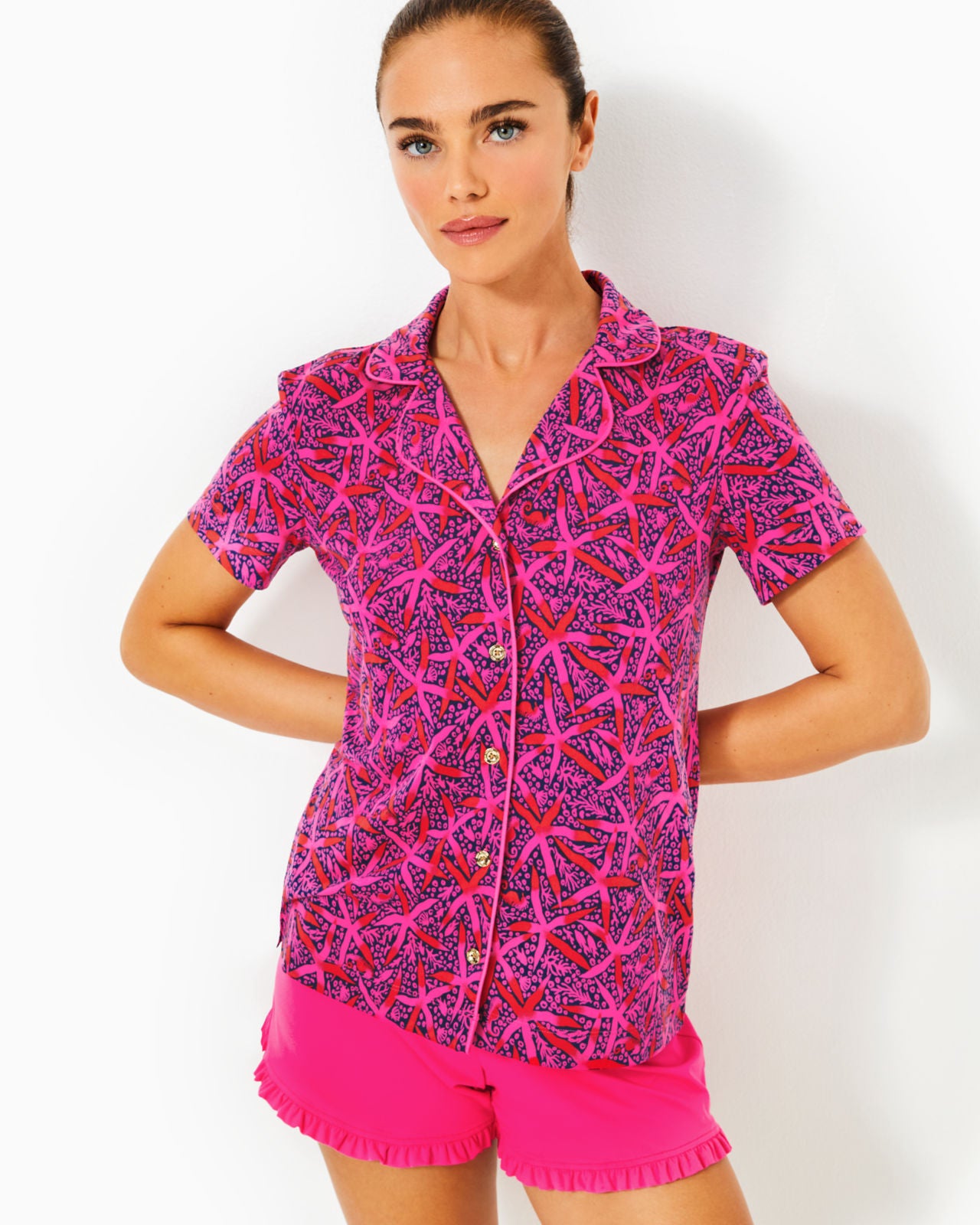 PJ Knit Short Sleeve Button-Up Top In Passion Fruit Pink Star Searching