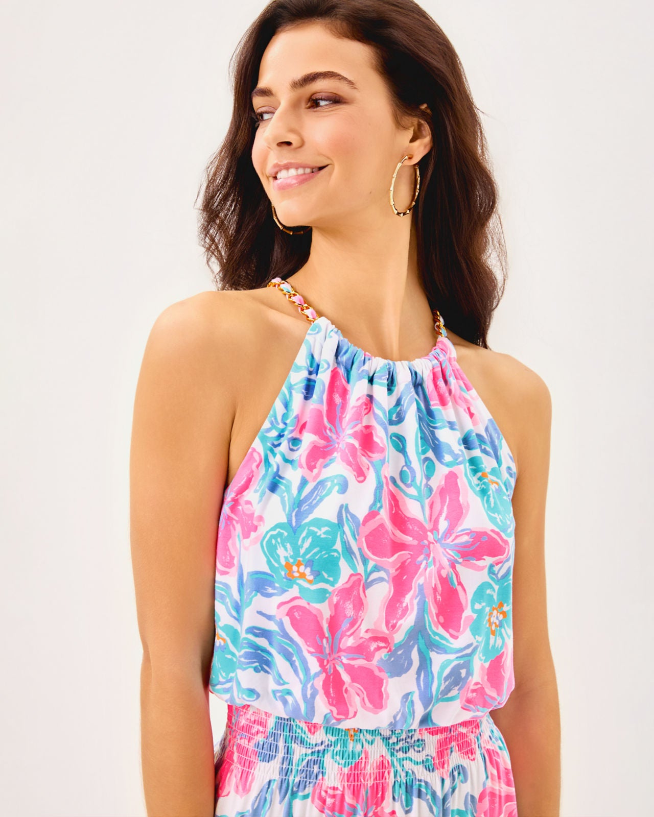 Gracelyn Halter Midi Dres In Multi Beachside Haven