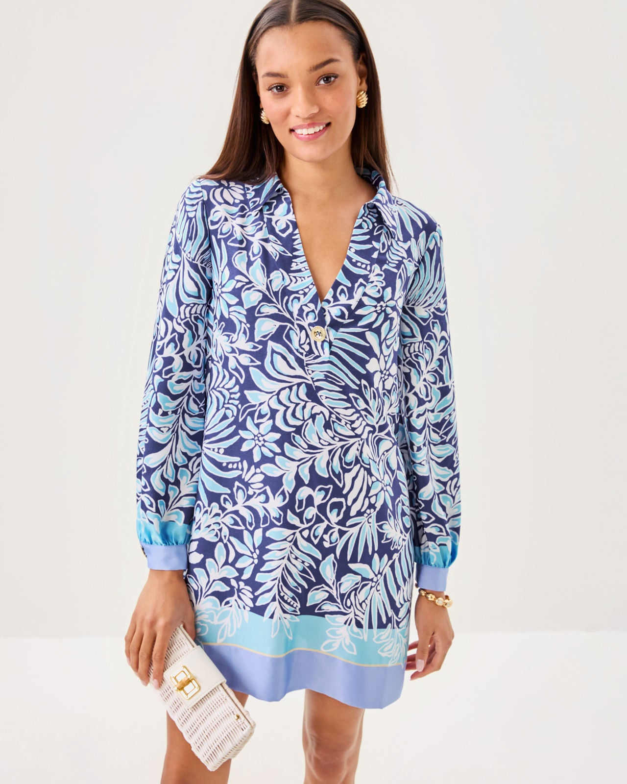 Iralanne Long Sleeve Popover Shirtdress In Sapphire Pool Summer Shorelines