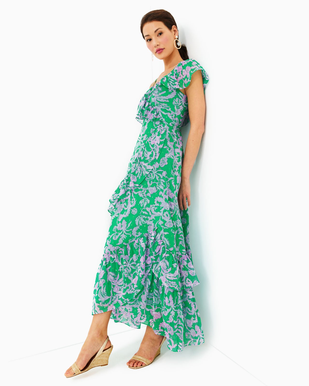 Rosalynn Ruffle Maxi Dress in Brazilian Green Salty Sandbar